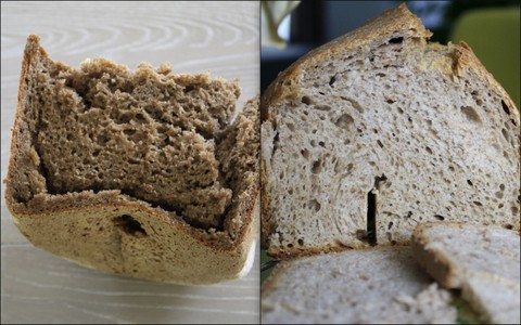 Mislukt zuurdesembrood uit de broodbakmachine. Links: onvoldoende gebakken rogge. Rechts: nauwelijks gerezen tarwe.